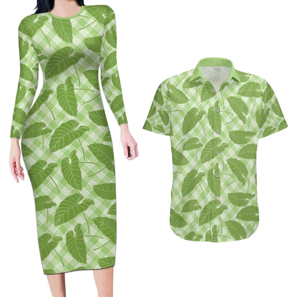 Green Hawaii Kalo Palaka Motifs Couples Matching Long Sleeve Bodycon Dress and Hawaiian Shirt Hawaiian Taro Leaves Elegant Vibes - Polynesian Pride