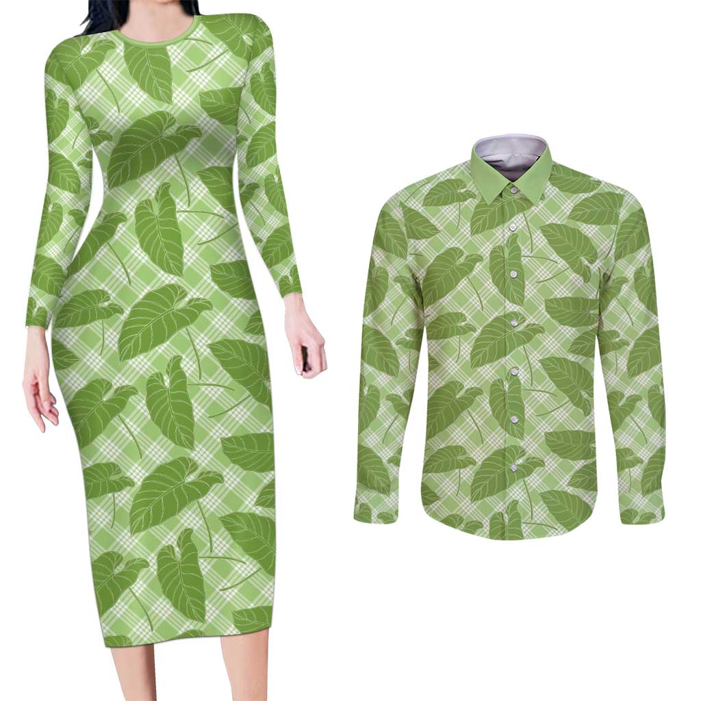 Green Hawaii Kalo Palaka Motifs Couples Matching Long Sleeve Bodycon Dress and Long Sleeve Button Shirt Hawaiian Taro Leaves Elegant Vibes - Polynesian Pride