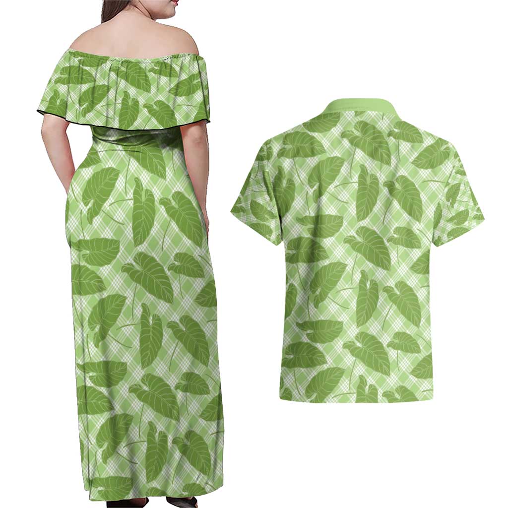 Green Hawaii Kalo Palaka Motifs Couples Matching Off Shoulder Maxi Dress and Hawaiian Shirt Hawaiian Taro Leaves Elegant Vibes - Polynesian Pride