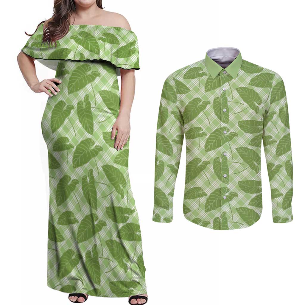 Green Hawaii Kalo Palaka Motifs Couples Matching Off Shoulder Maxi Dress and Long Sleeve Button Shirt Hawaiian Taro Leaves Elegant Vibes - Polynesian Pride