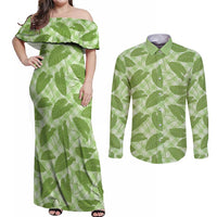 Green Hawaii Kalo Palaka Motifs Couples Matching Off Shoulder Maxi Dress and Long Sleeve Button Shirt Hawaiian Taro Leaves Elegant Vibes - Polynesian Pride