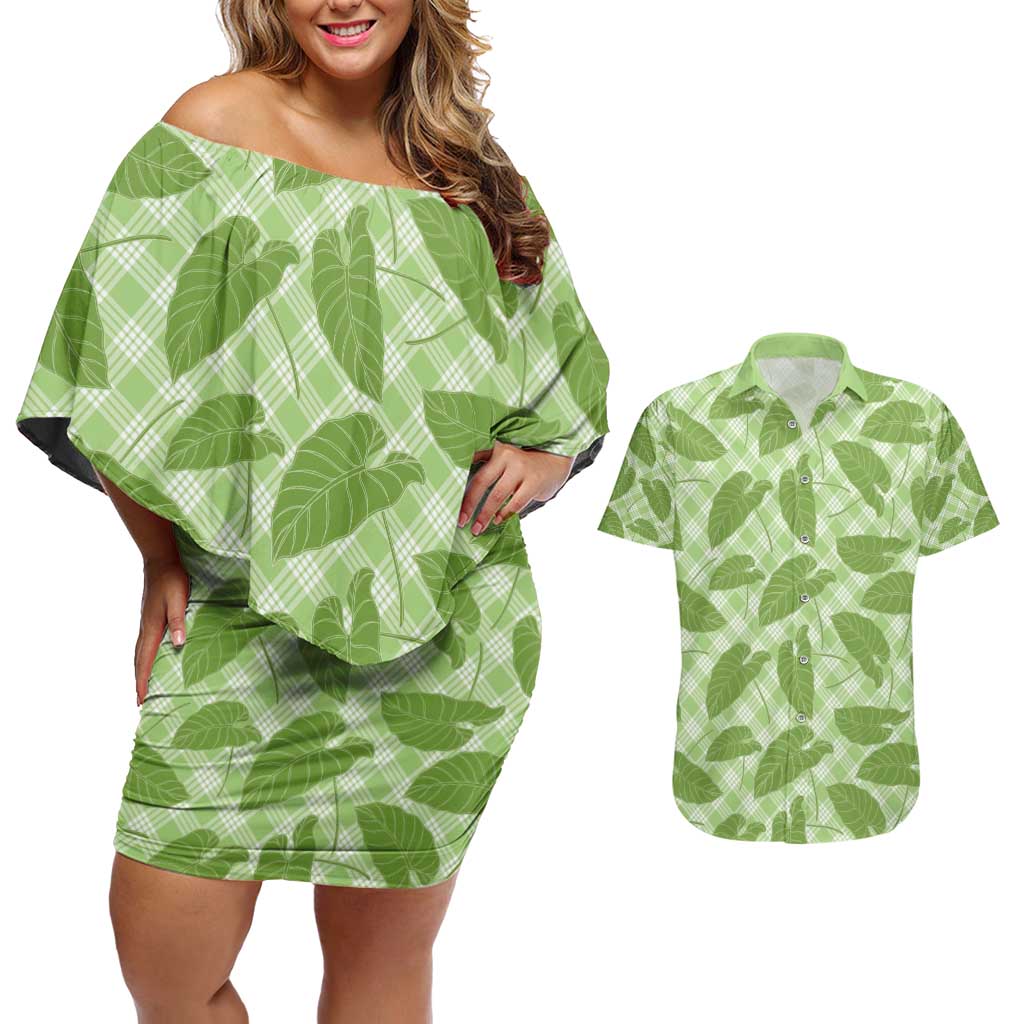 Green Hawaii Kalo Palaka Motifs Couples Matching Off Shoulder Short Dress and Hawaiian Shirt Hawaiian Taro Leaves Elegant Vibes - Polynesian Pride