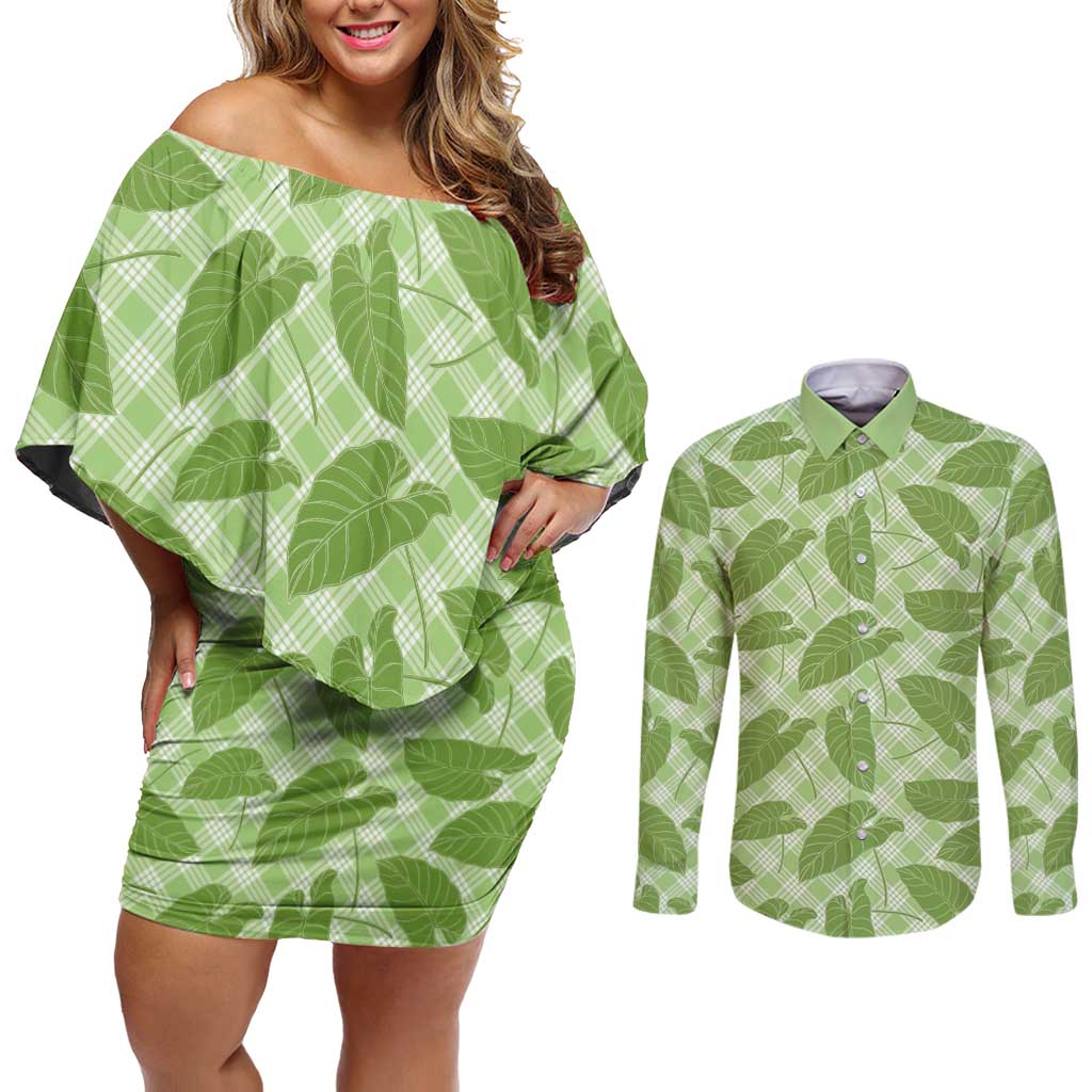 Green Hawaii Kalo Palaka Motifs Couples Matching Off Shoulder Short Dress and Long Sleeve Button Shirt Hawaiian Taro Leaves Elegant Vibes - Polynesian Pride