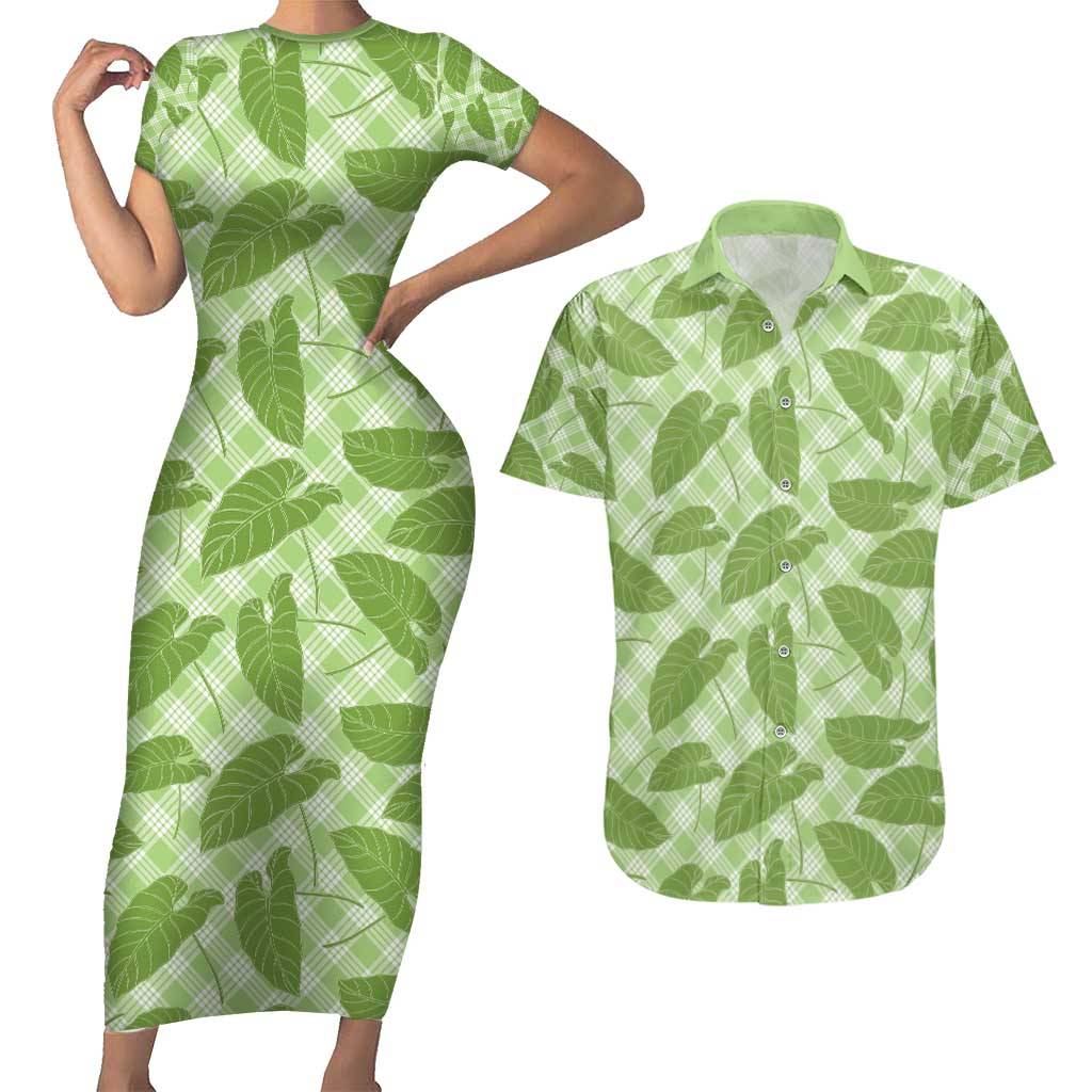Green Hawaii Kalo Palaka Motifs Couples Matching Short Sleeve Bodycon Dress and Hawaiian Shirt Hawaiian Taro Leaves Elegant Vibes - Polynesian Pride