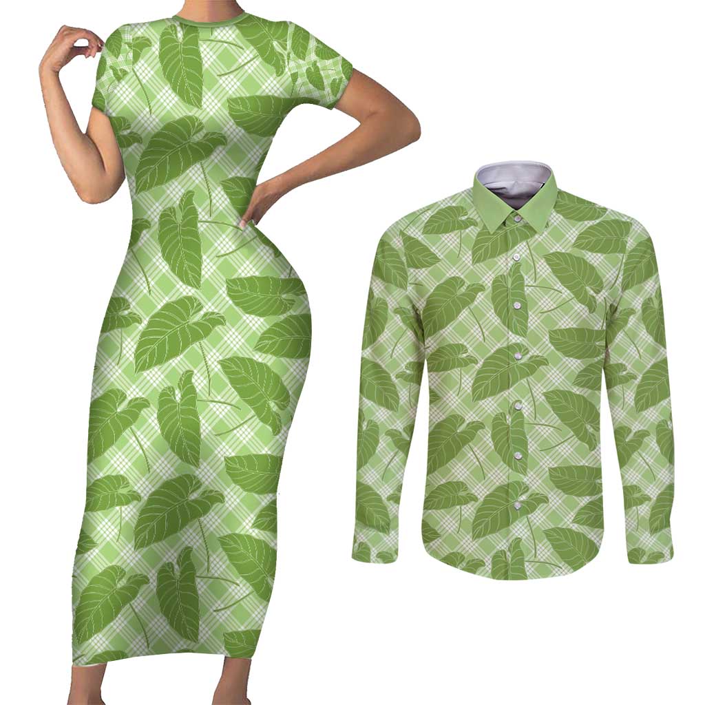 Green Hawaii Kalo Palaka Motifs Couples Matching Short Sleeve Bodycon Dress and Long Sleeve Button Shirt Hawaiian Taro Leaves Elegant Vibes - Polynesian Pride