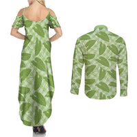 Green Hawaii Kalo Palaka Motifs Couples Matching Summer Maxi Dress and Long Sleeve Button Shirt Hawaiian Taro Leaves Elegant Vibes - Polynesian Pride