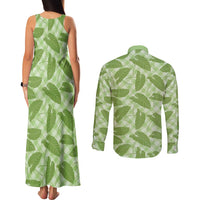 Green Hawaii Kalo Palaka Motifs Couples Matching Tank Maxi Dress and Long Sleeve Button Shirt Hawaiian Taro Leaves Elegant Vibes - Polynesian Pride