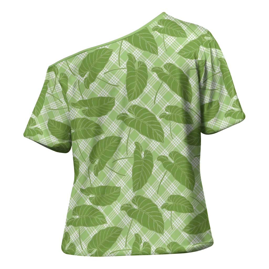 Green Hawaii Kalo Palaka Motifs Cross Shoulder Shirt Hawaiian Taro Leaves Elegant Vibes - Polynesian Pride