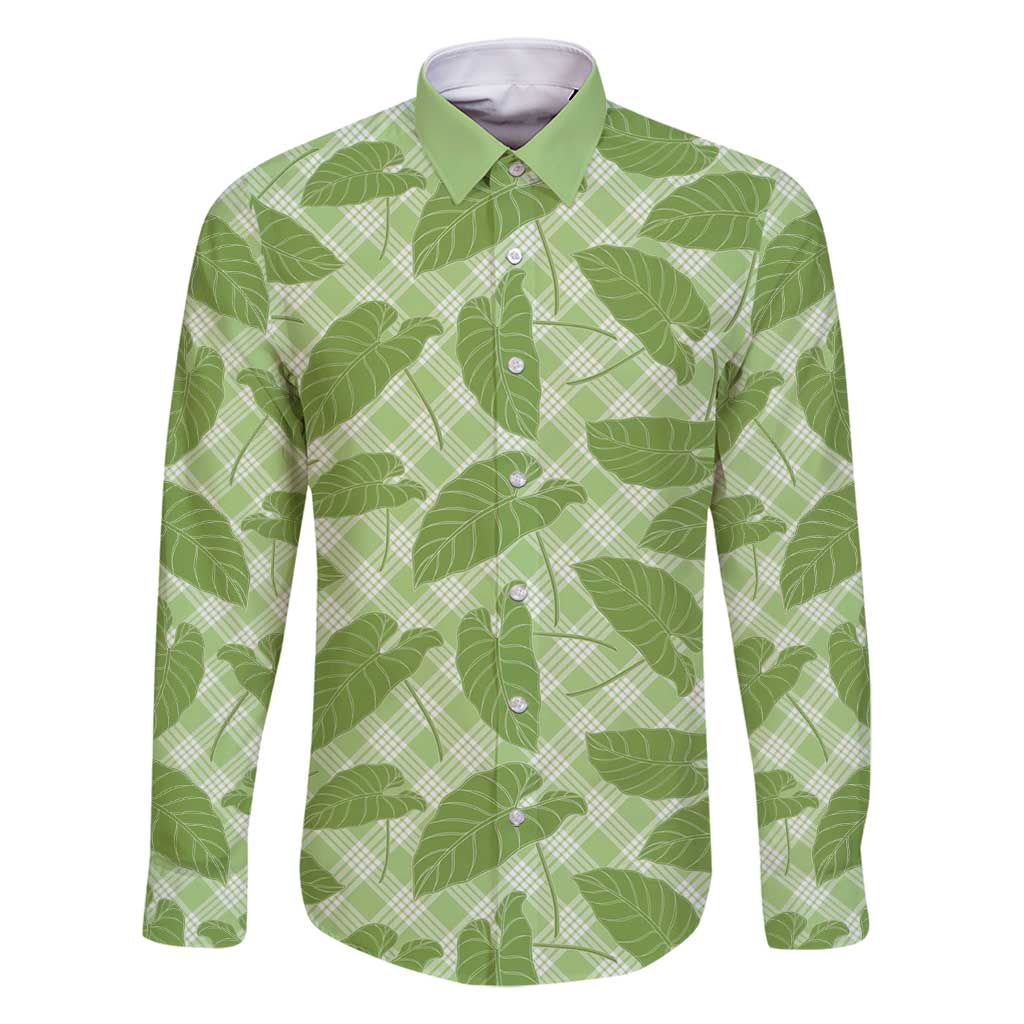 Green Hawaii Kalo Palaka Motifs Family Matching Long Sleeve Bodycon Dress and Hawaiian Shirt Hawaiian Taro Leaves Elegant Vibes - Polynesian Pride