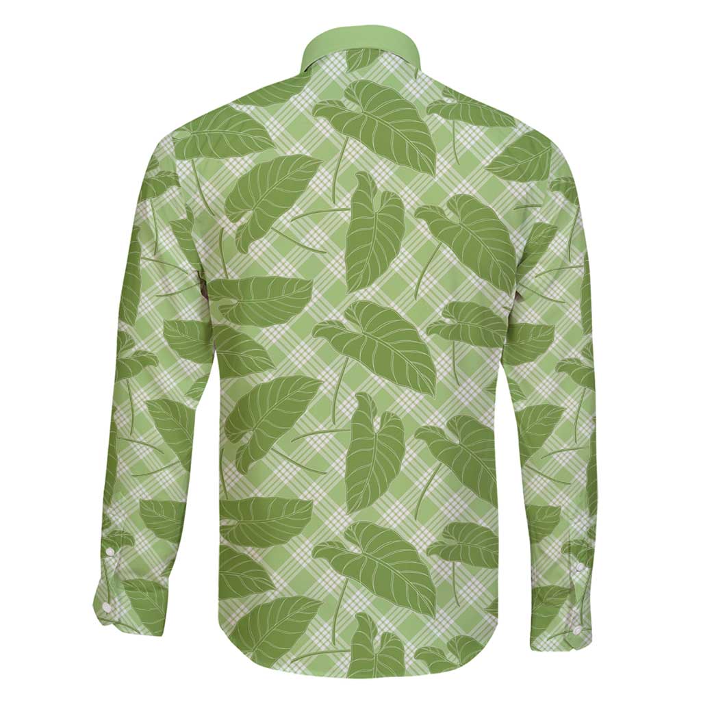 Green Hawaii Kalo Palaka Motifs Family Matching Long Sleeve Bodycon Dress and Hawaiian Shirt Hawaiian Taro Leaves Elegant Vibes - Polynesian Pride