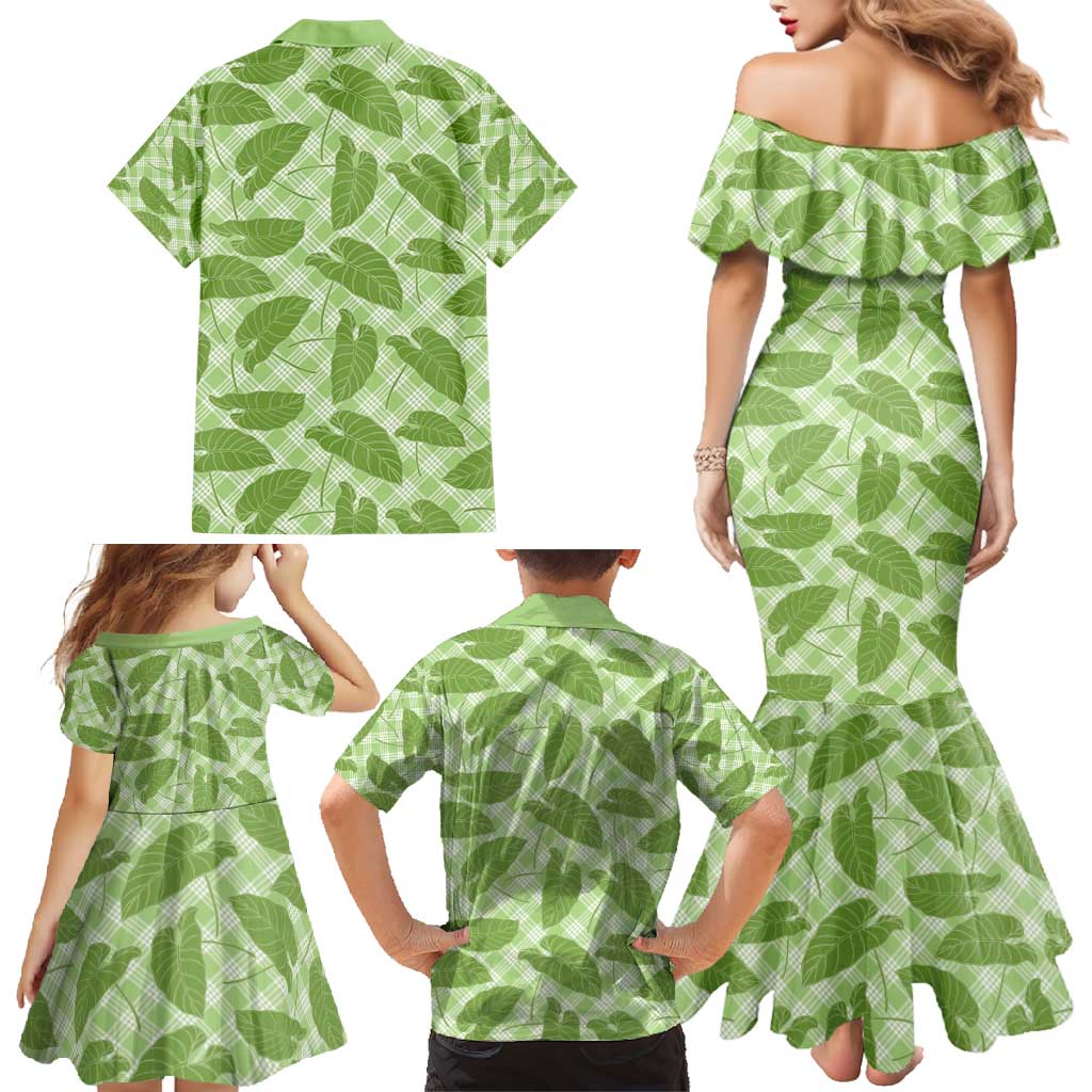 Green Hawaii Kalo Palaka Motifs Family Matching Mermaid Dress and Hawaiian Shirt Hawaiian Taro Leaves Elegant Vibes - Polynesian Pride