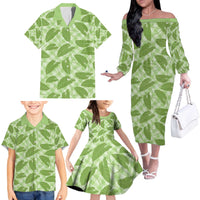 Green Hawaii Kalo Palaka Motifs Family Matching Off The Shoulder Long Sleeve Dress and Hawaiian Shirt Hawaiian Taro Leaves Elegant Vibes - Polynesian Pride