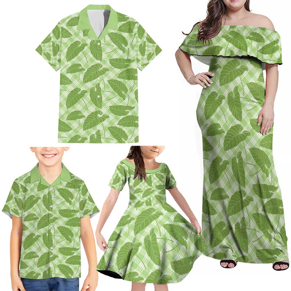 Green Hawaii Kalo Palaka Motifs Family Matching Off Shoulder Maxi Dress and Hawaiian Shirt Hawaiian Taro Leaves Elegant Vibes - Polynesian Pride