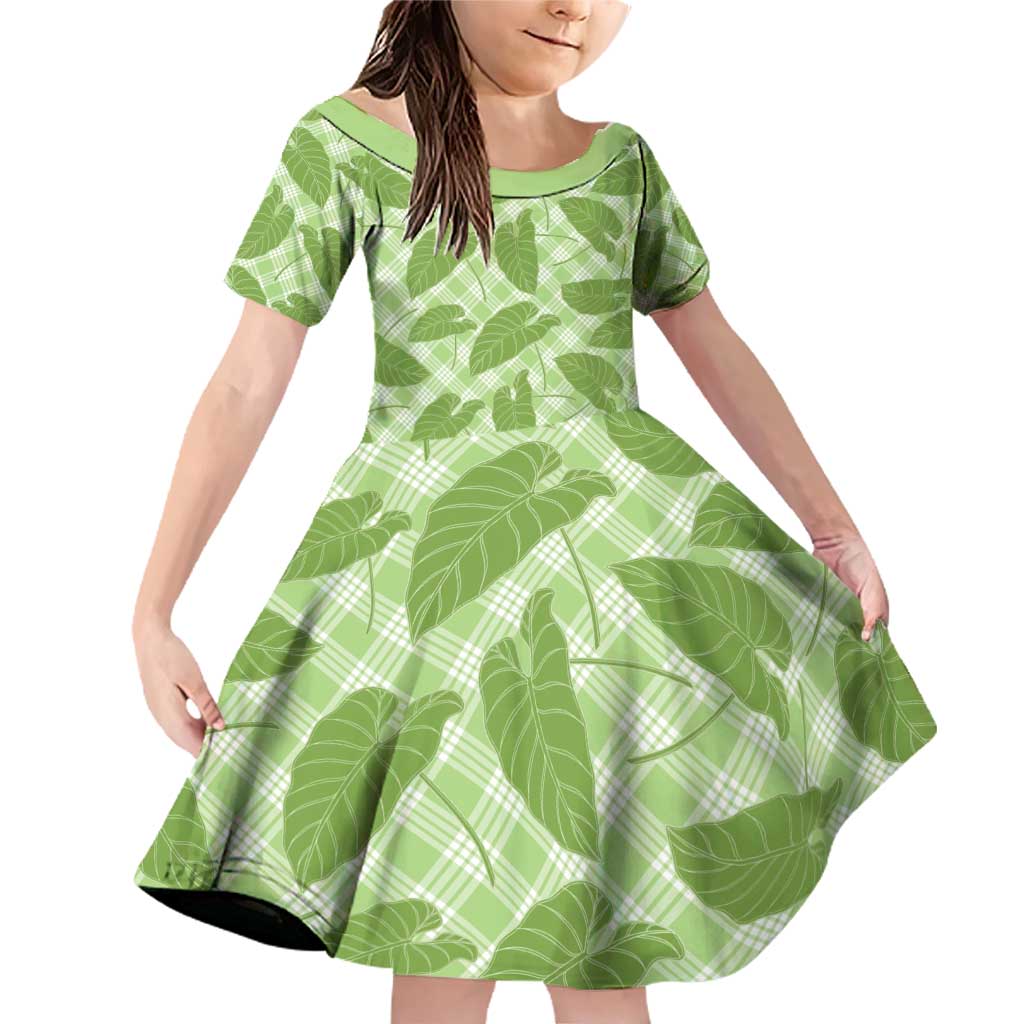 Green Hawaii Kalo Palaka Motifs Family Matching Off Shoulder Short Dress and Hawaiian Shirt Hawaiian Taro Leaves Elegant Vibes - Polynesian Pride