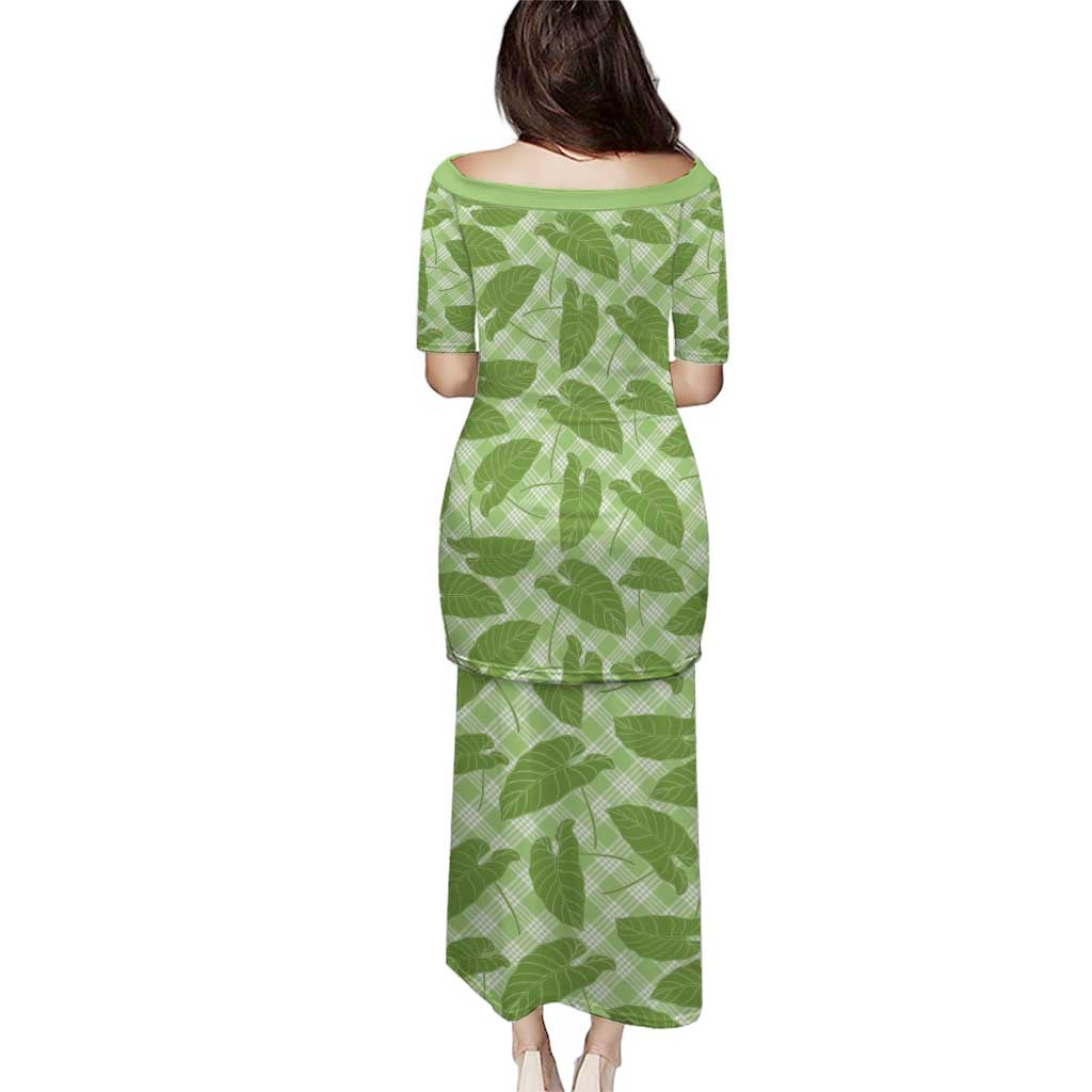Green Hawaii Kalo Palaka Motifs Family Matching Puletasi and Hawaiian Shirt Hawaiian Taro Leaves Elegant Vibes - Polynesian Pride
