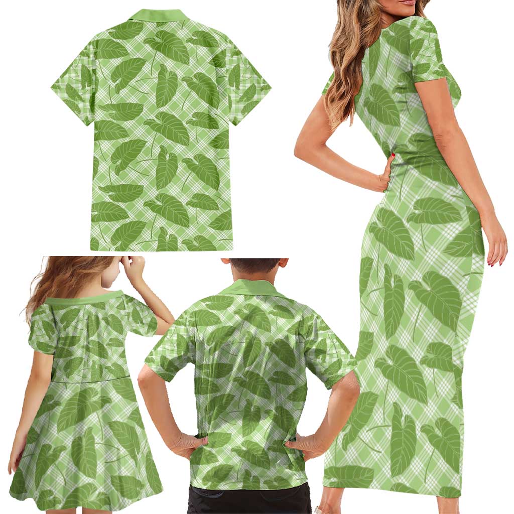 Green Hawaii Kalo Palaka Motifs Family Matching Short Sleeve Bodycon Dress and Hawaiian Shirt Hawaiian Taro Leaves Elegant Vibes - Polynesian Pride