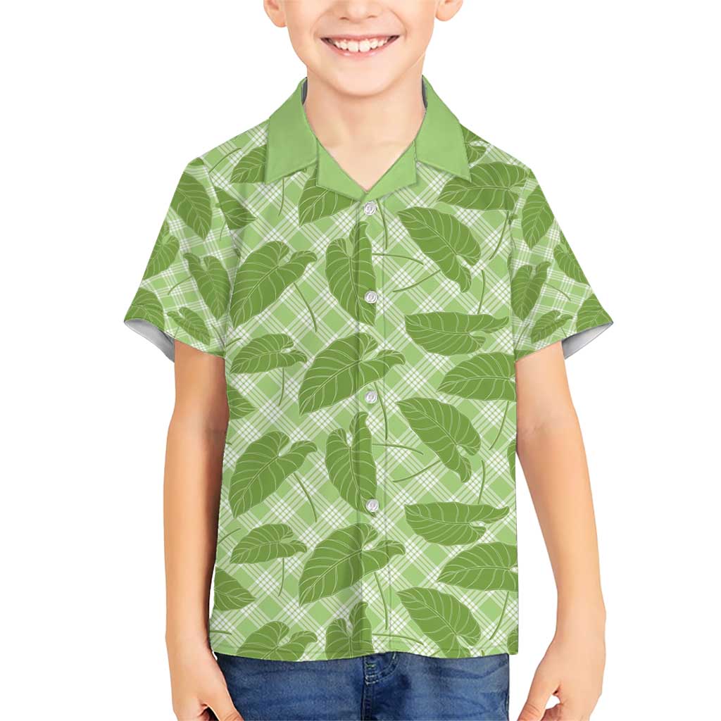 Green Hawaii Kalo Palaka Motifs Family Matching Short Sleeve Bodycon Dress and Hawaiian Shirt Hawaiian Taro Leaves Elegant Vibes - Polynesian Pride