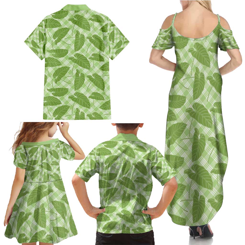 Green Hawaii Kalo Palaka Motifs Family Matching Summer Maxi Dress and Hawaiian Shirt Hawaiian Taro Leaves Elegant Vibes - Polynesian Pride