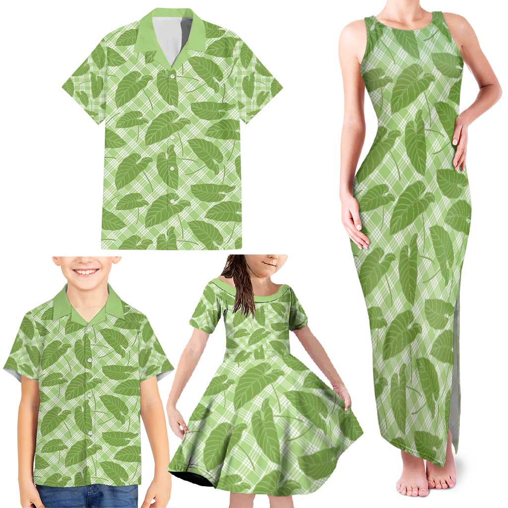 Green Hawaii Kalo Palaka Motifs Family Matching Tank Maxi Dress and Hawaiian Shirt Hawaiian Taro Leaves Elegant Vibes - Polynesian Pride