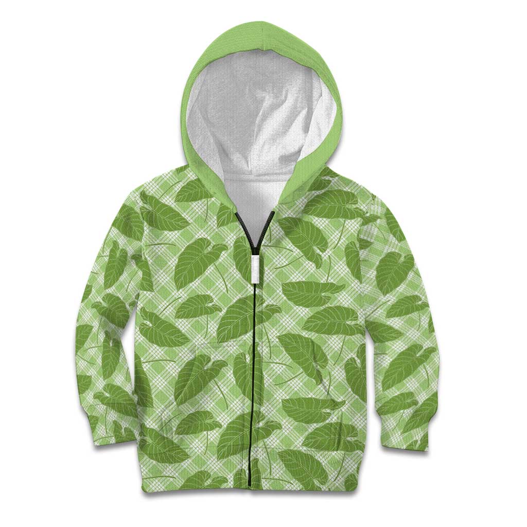 Green Hawaii Kalo Palaka Motifs Kid Hoodie Hawaiian Taro Leaves Elegant Vibes - Polynesian Pride
