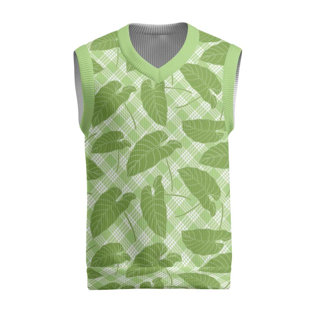 Green Hawaii Kalo Palaka Motifs Christmas Knitted V-Neck Vest Hawaiian Taro Leaves Elegant Vibes - Polynesian Pride