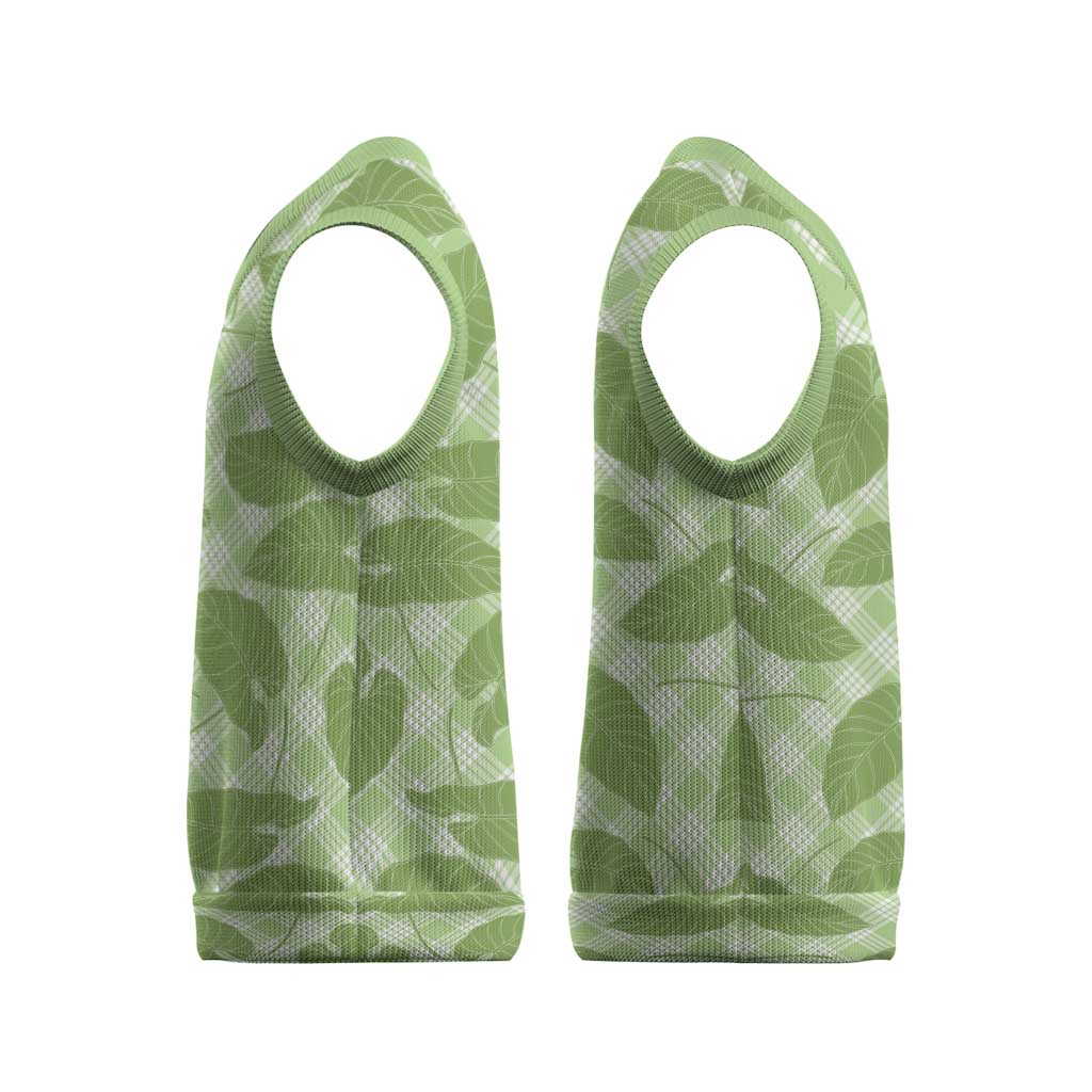 Green Hawaii Kalo Palaka Motifs Christmas Knitted V-Neck Vest Hawaiian Taro Leaves Elegant Vibes - Polynesian Pride