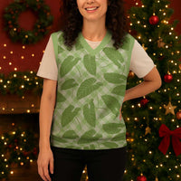 Green Hawaii Kalo Palaka Motifs Christmas Knitted V-Neck Vest Hawaiian Taro Leaves Elegant Vibes - Polynesian Pride