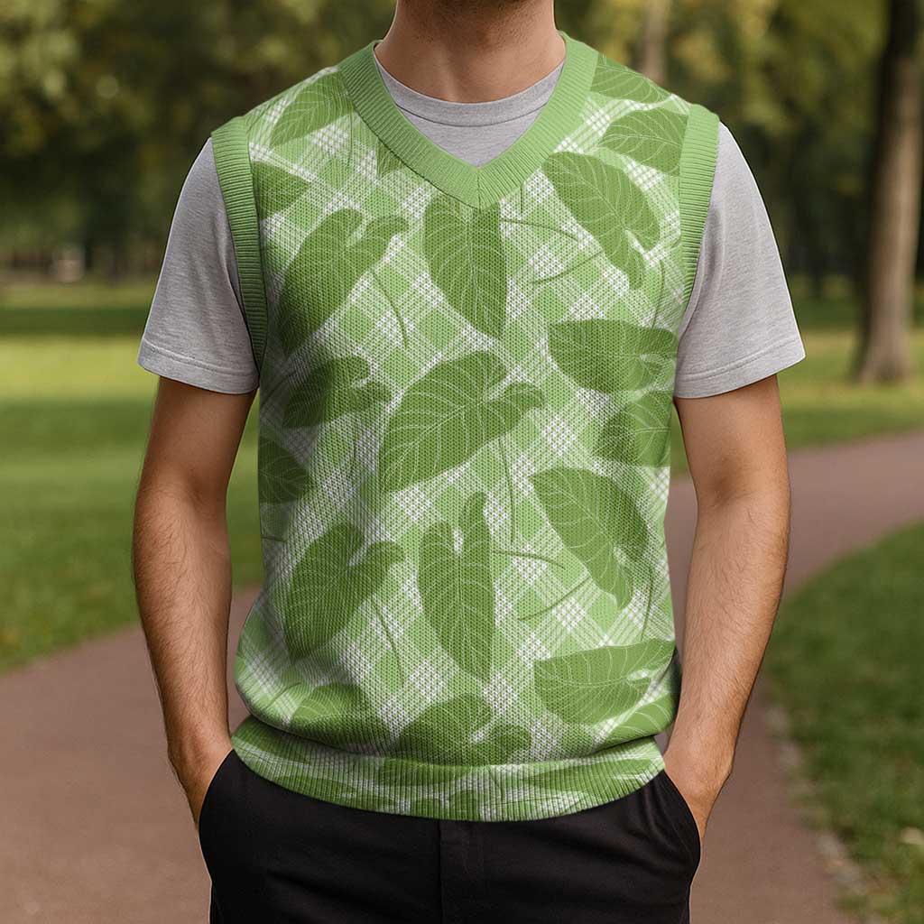 Green Hawaii Kalo Palaka Motifs Christmas Knitted V-Neck Vest Hawaiian Taro Leaves Elegant Vibes - Polynesian Pride