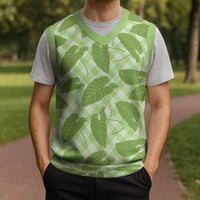 Green Hawaii Kalo Palaka Motifs Christmas Knitted V-Neck Vest Hawaiian Taro Leaves Elegant Vibes - Polynesian Pride