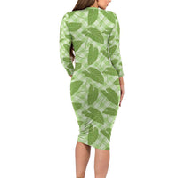 Green Hawaii Kalo Palaka Motifs Long Sleeve Bodycon Dress Hawaiian Taro Leaves Elegant Vibes - Polynesian Pride