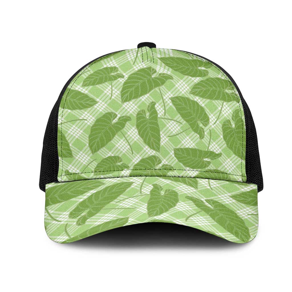 Green Hawaii Kalo Palaka Motifs Mesh Trucker Cap Hawaiian Taro Leaves Elegant Vibes