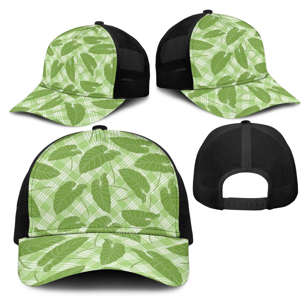 Green Hawaii Kalo Palaka Motifs Mesh Trucker Cap Hawaiian Taro Leaves Elegant Vibes