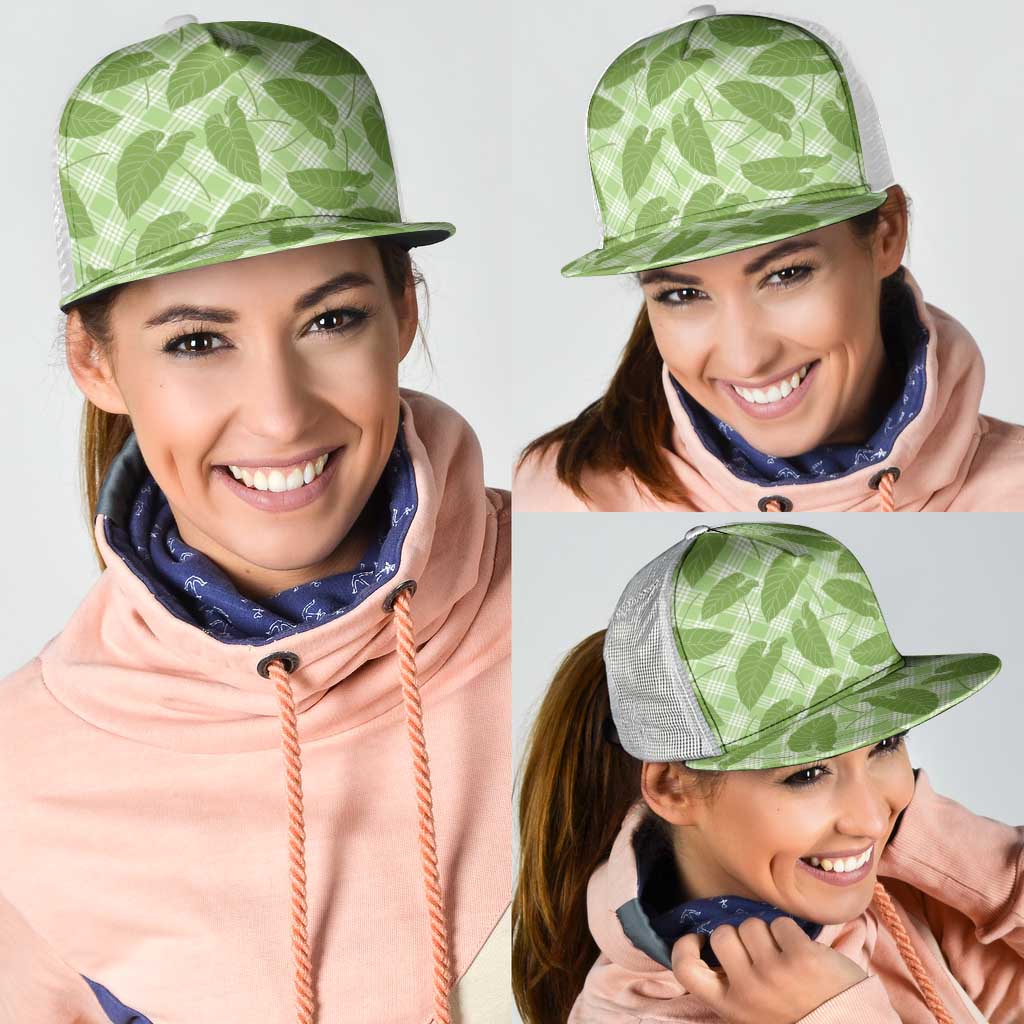 Green Hawaii Kalo Palaka Motifs Mesh Trucker Cap Hawaiian Taro Leaves Elegant Vibes