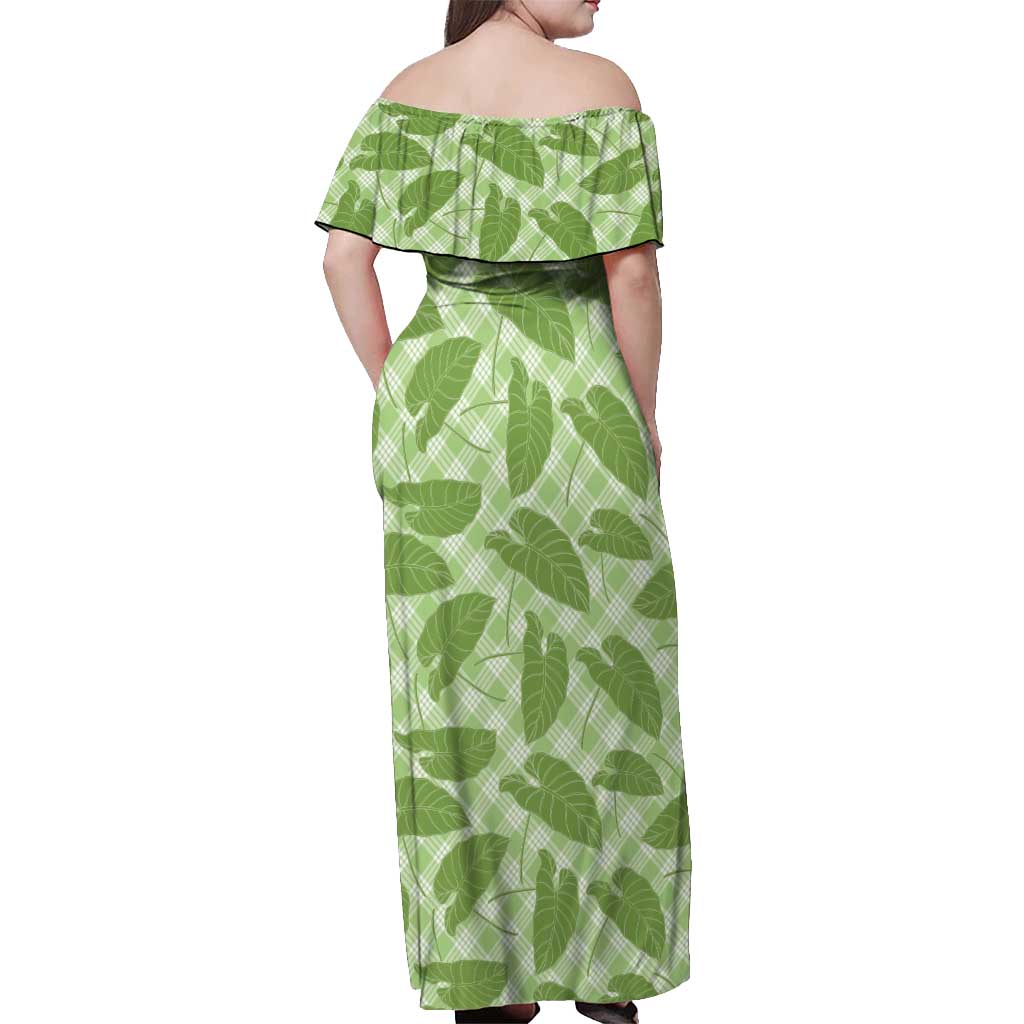 Green Hawaii Kalo Palaka Motifs Off Shoulder Maxi Dress Hawaiian Taro Leaves Elegant Vibes - Polynesian Pride