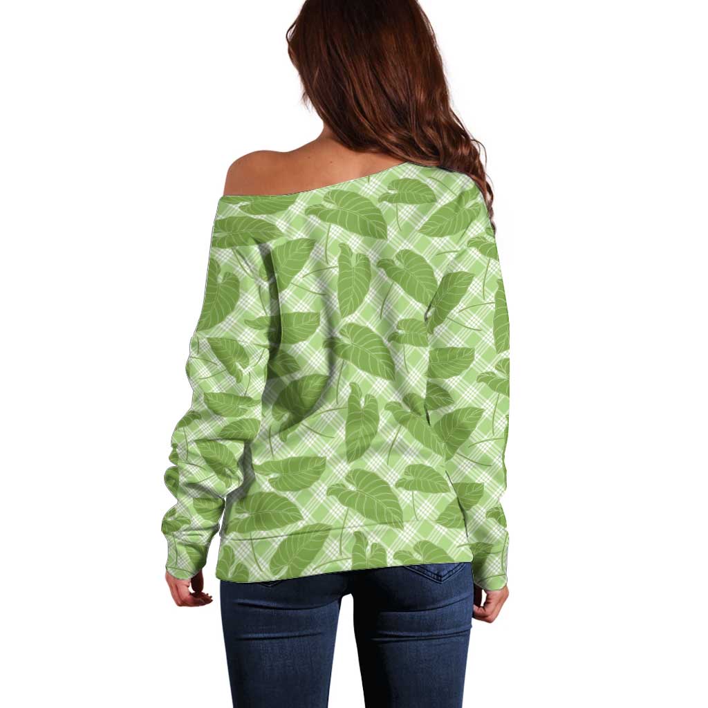 Green Hawaii Kalo Palaka Motifs Off Shoulder Sweater Hawaiian Taro Leaves Elegant Vibes - Polynesian Pride