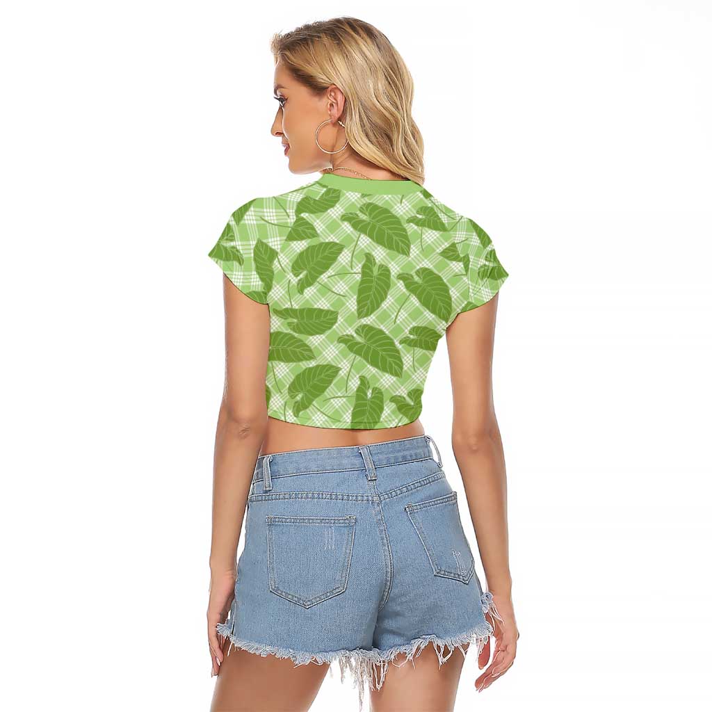 Green Hawaii Kalo Palaka Motifs Raglan Cropped T Shirt Hawaiian Taro Leaves Elegant Vibes - Polynesian Pride
