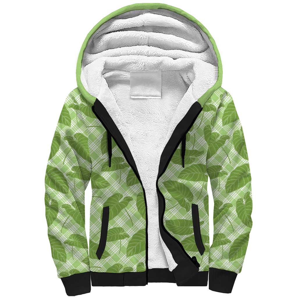 Green Hawaii Kalo Palaka Motifs Sherpa Hoodie Hawaiian Taro Leaves Elegant Vibes - Polynesian Pride