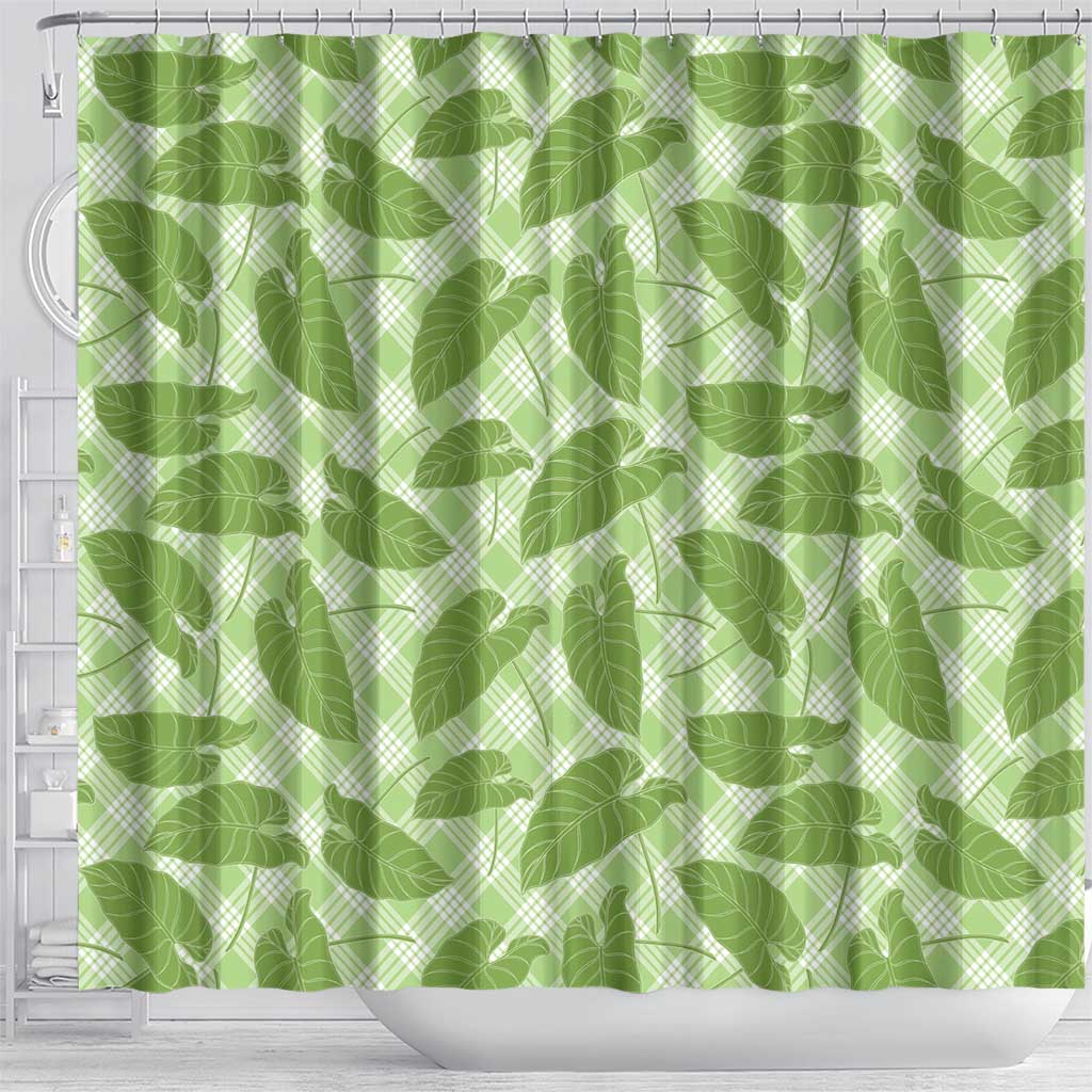Green Hawaii Kalo Palaka Motifs Shower Curtain Hawaiian Taro Leaves Elegant Vibes - Polynesian Pride