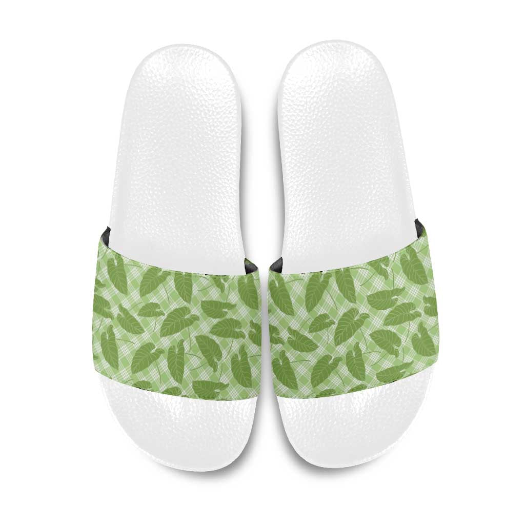Green Hawaii Kalo Palaka Motifs Slide Sandals Hawaiian Taro Leaves Elegant Vibes - Polynesian Pride