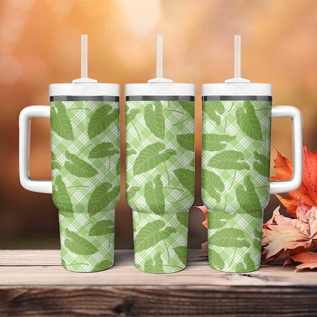 Green Hawaii Kalo Palaka Motifs Tumbler With Handle Hawaiian Taro Leaves Elegant Vibes - Polynesian Pride