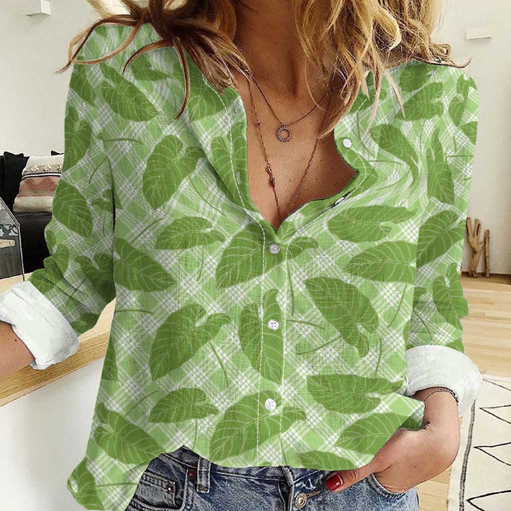 Green Hawaii Kalo Palaka Motifs Women Casual Shirt Hawaiian Taro Leaves Elegant Vibes - Polynesian Pride