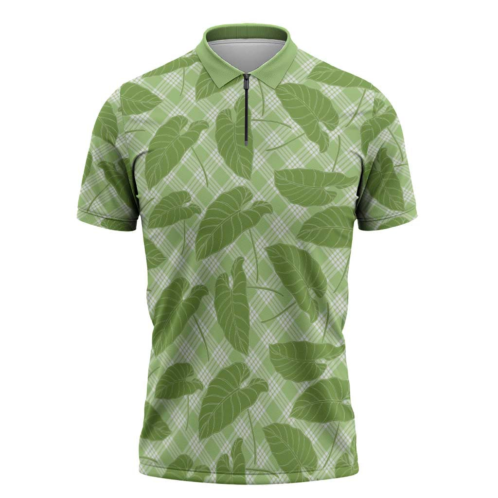 Green Hawaii Kalo Palaka Motifs Zipper Polo Shirt Hawaiian Taro Leaves Elegant Vibes - Polynesian Pride
