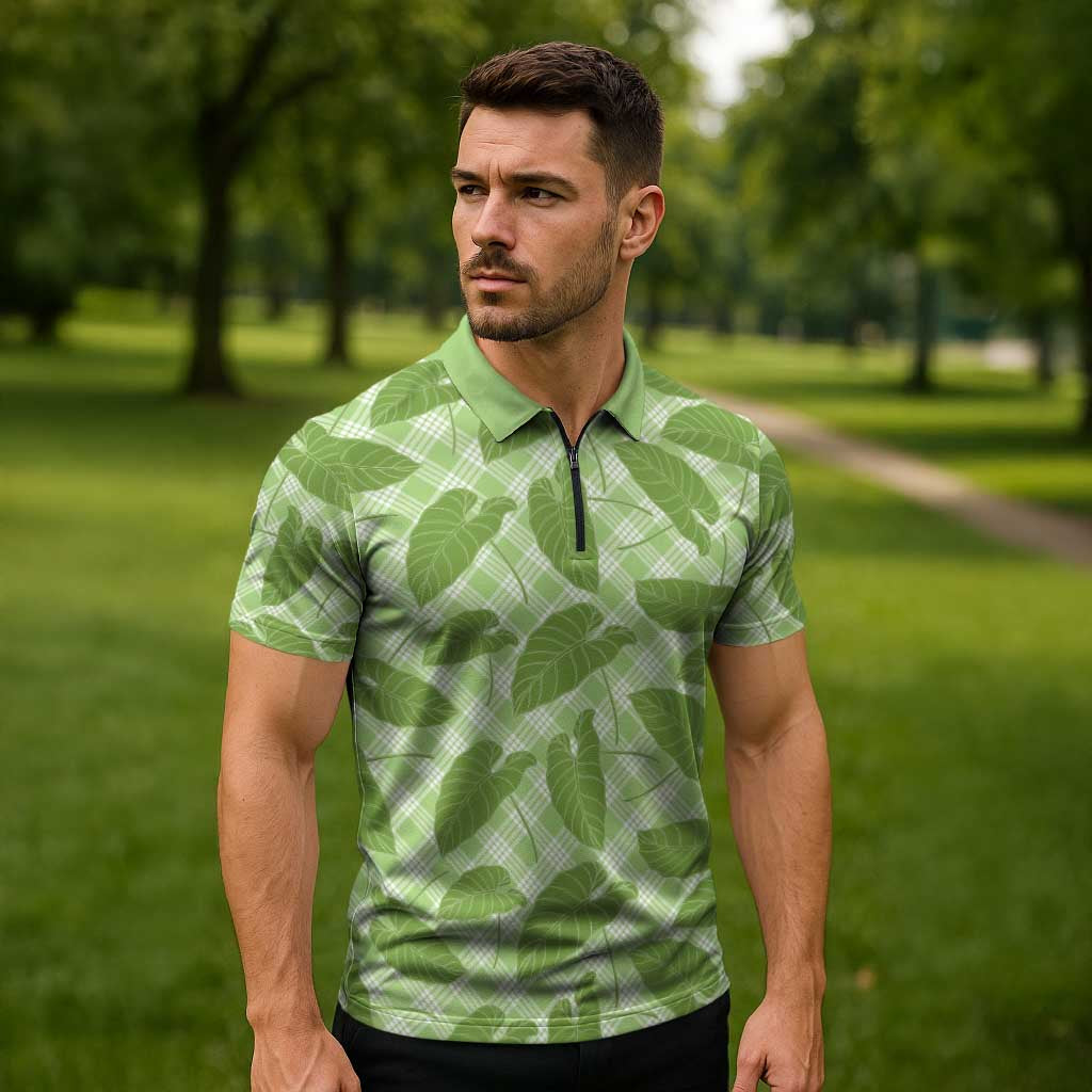 Green Hawaii Kalo Palaka Motifs Zipper Polo Shirt Hawaiian Taro Leaves Elegant Vibes - Polynesian Pride