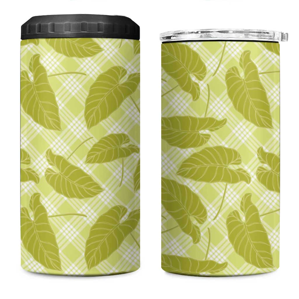 Lime Green Hawaii Kalo Palaka Motifs 4 in 1 Can Cooler Tumbler Hawaiian Taro Leaves Elegant Vibes - Polynesian Pride