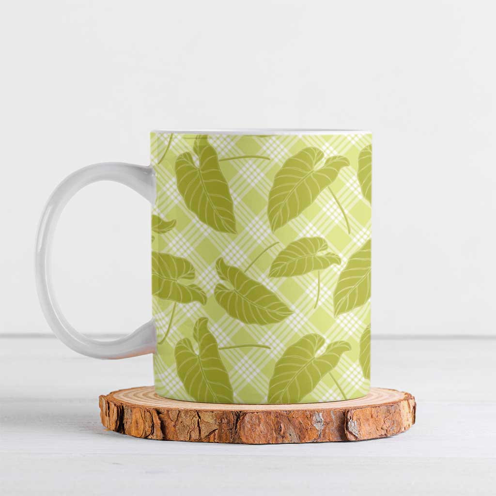 Lime Green Hawaii Kalo Palaka Motifs Ceramic Mug Hawaiian Taro Leaves Elegant Vibes - Polynesian Pride