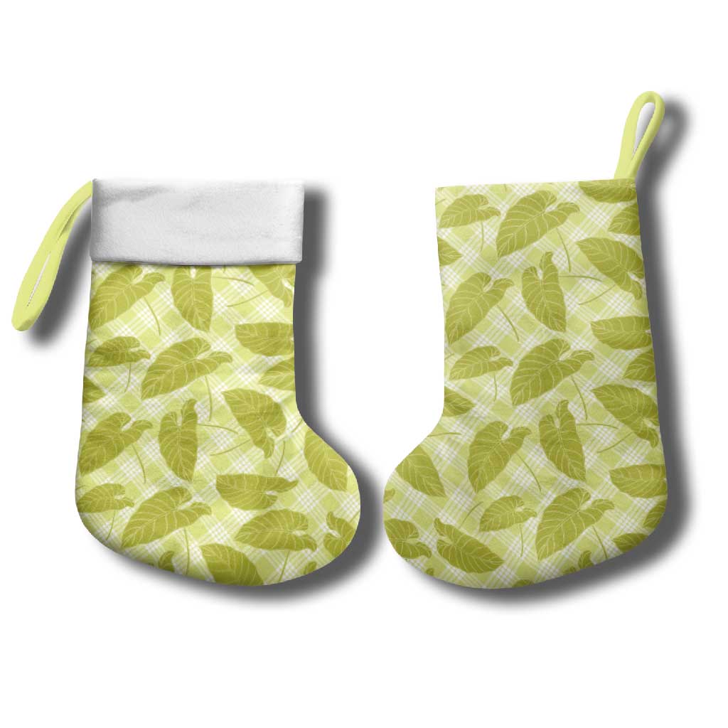 Lime Green Hawaii Kalo Palaka Motifs Christmas Stocking Hawaiian Taro Leaves Elegant Vibes - Polynesian Pride