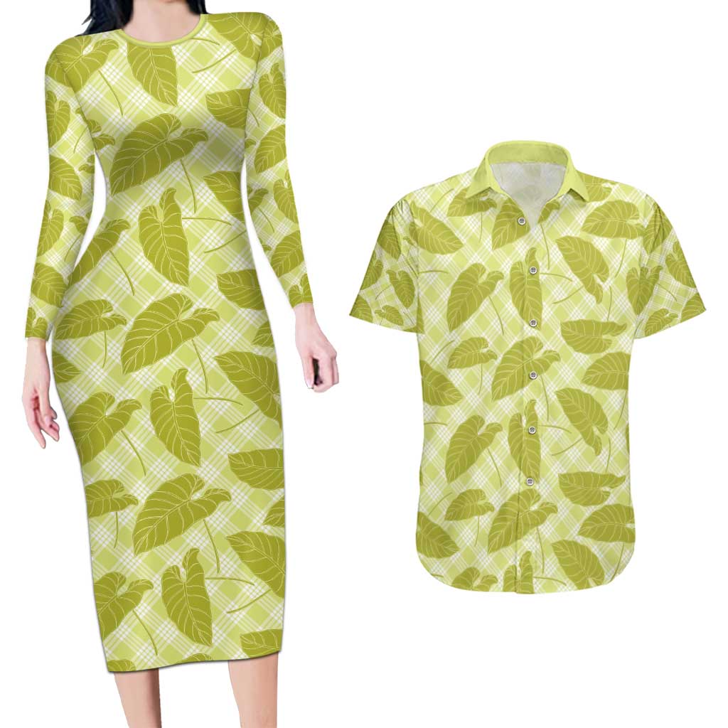 Lime Green Hawaii Kalo Palaka Motifs Couples Matching Long Sleeve Bodycon Dress and Hawaiian Shirt Hawaiian Taro Leaves Elegant Vibes - Polynesian Pride