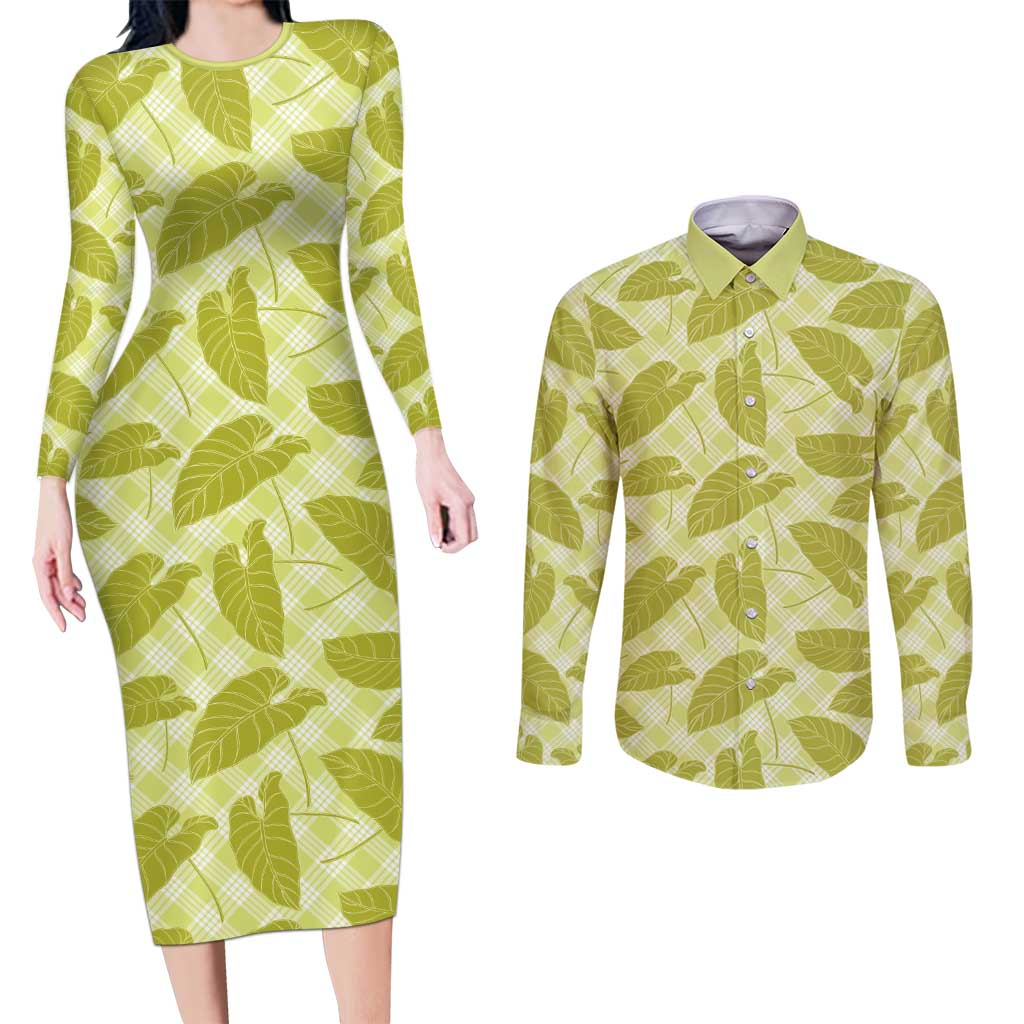 Lime Green Hawaii Kalo Palaka Motifs Couples Matching Long Sleeve Bodycon Dress and Long Sleeve Button Shirt Hawaiian Taro Leaves Elegant Vibes - Polynesian Pride