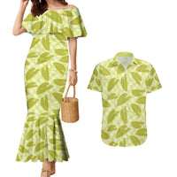 Lime Green Hawaii Kalo Palaka Motifs Couples Matching Mermaid Dress and Hawaiian Shirt Hawaiian Taro Leaves Elegant Vibes - Polynesian Pride