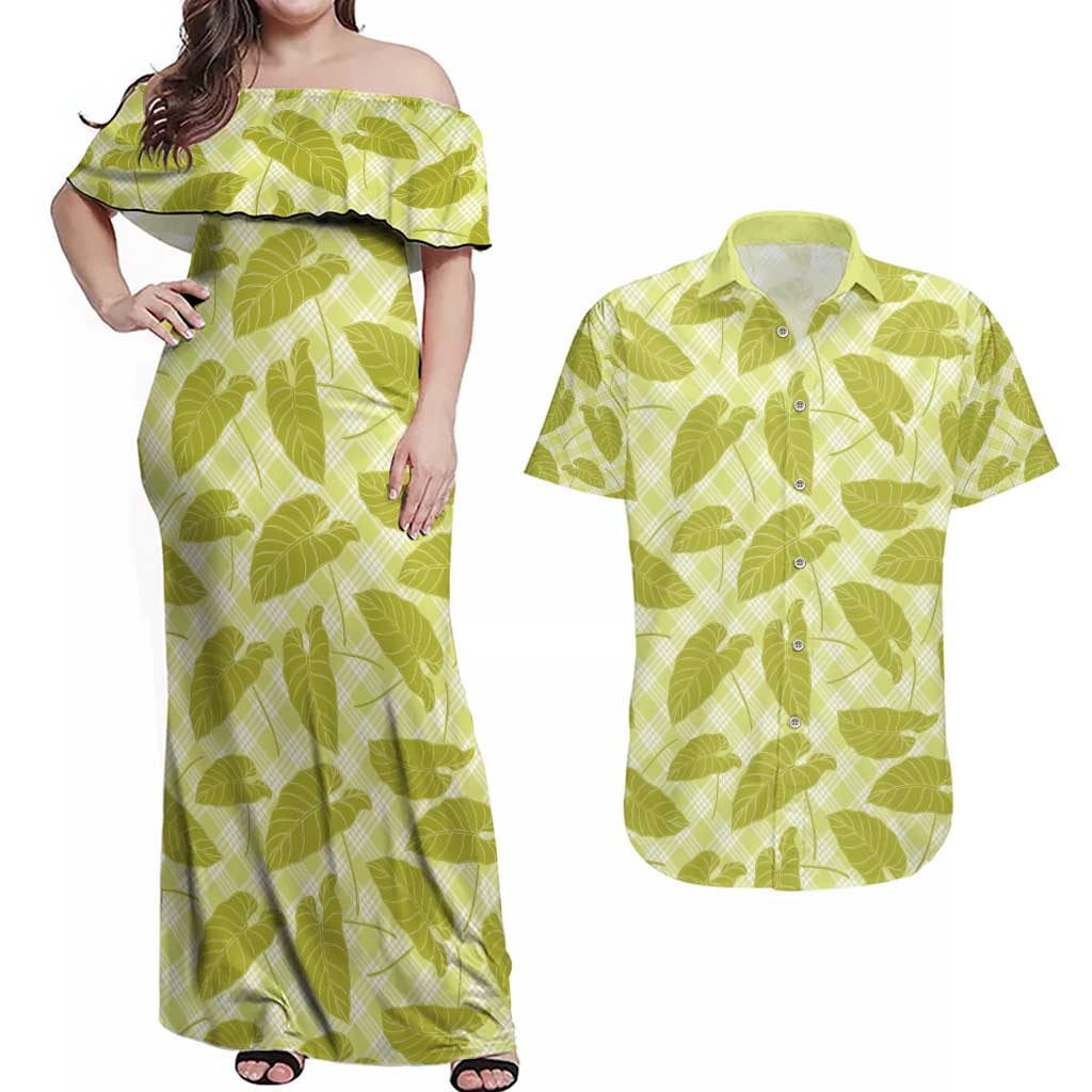 Lime Green Hawaii Kalo Palaka Motifs Couples Matching Off Shoulder Maxi Dress and Hawaiian Shirt Hawaiian Taro Leaves Elegant Vibes - Polynesian Pride